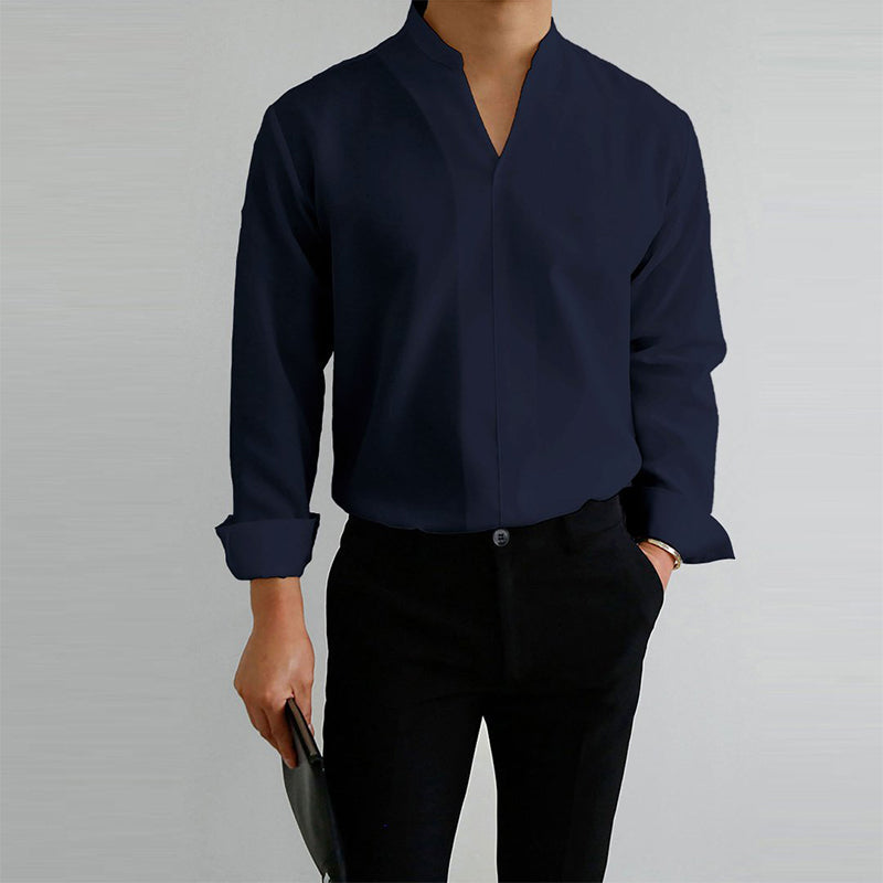 Men's Casual Solid Color V-Neck Long Sleeve Shirt