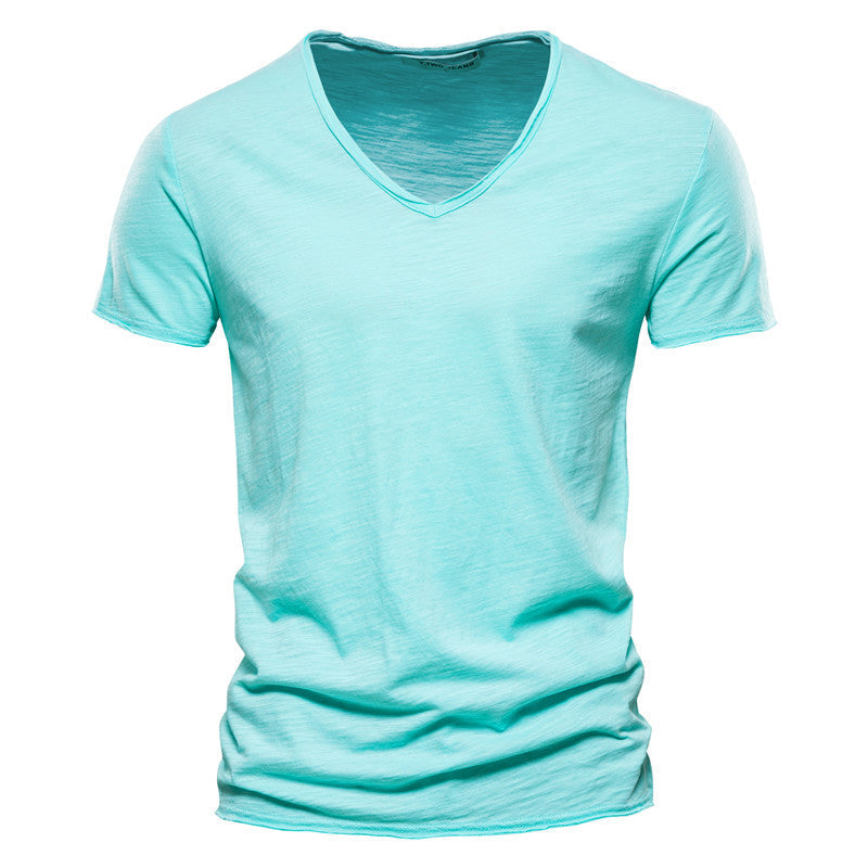 Plain Slub Cotton V-neck T-shirt