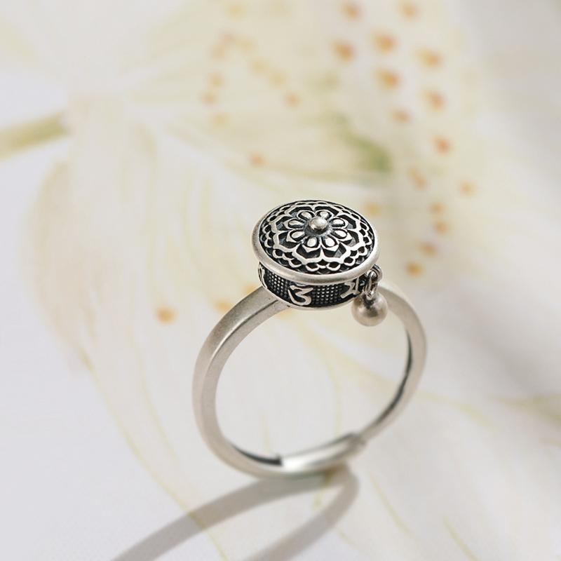 Buddhist Tibetan Prayer Wheel Ring OM Mantra Lotus Floral Ring