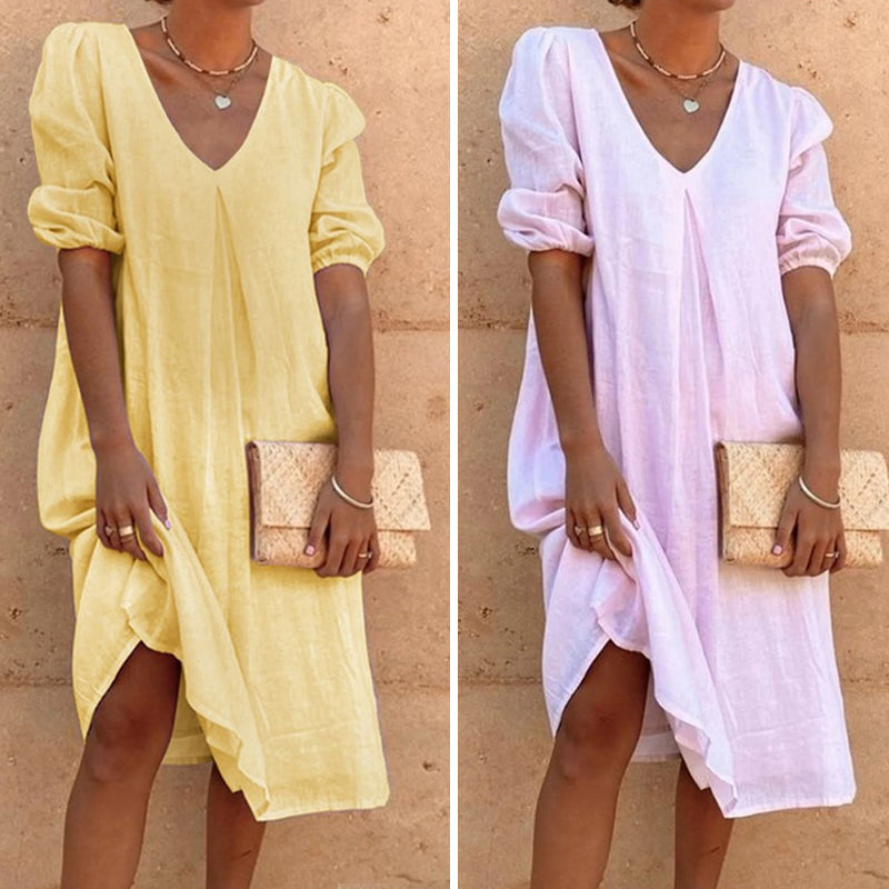 Solid Color V Neck Latern Sleeve Dress