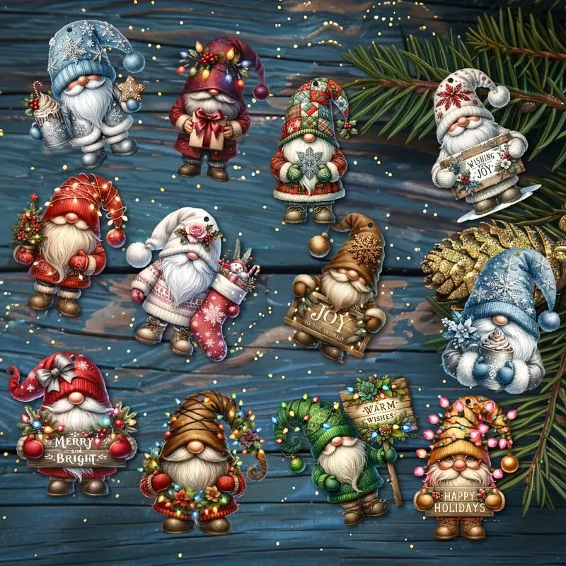 Wooden Dwarf Christmas Tree Ornaments Set (12pcs)