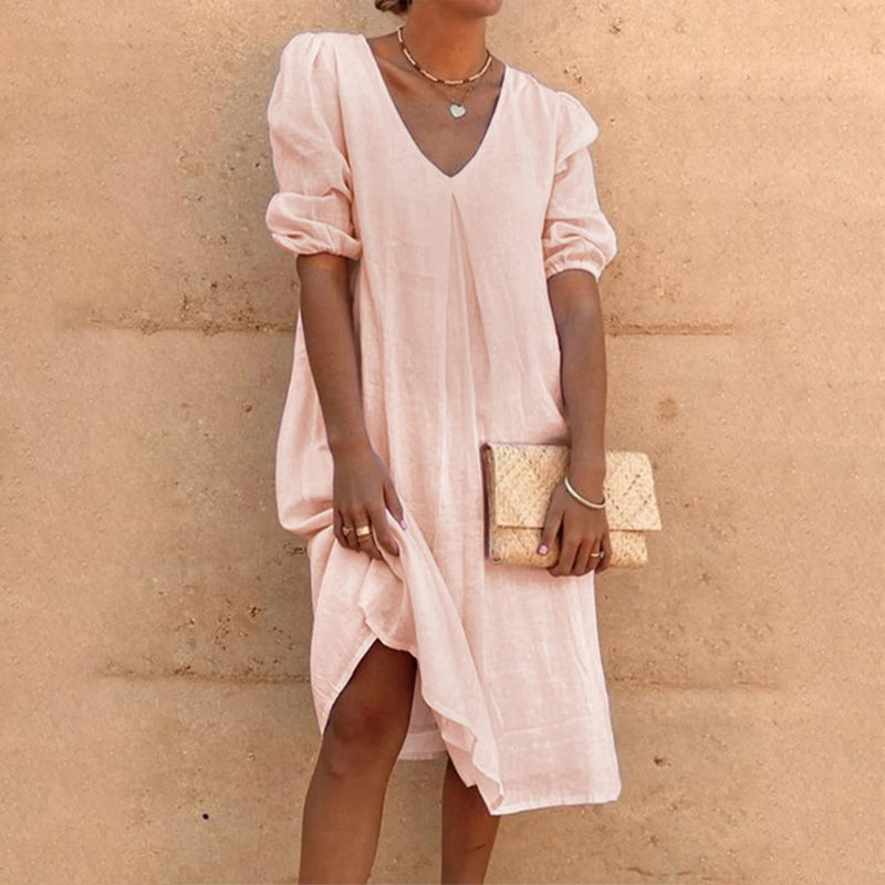 Solid Color V Neck Latern Sleeve Dress