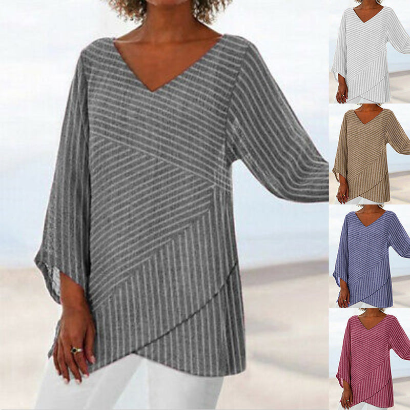 Women's V-neck long-sleeved striped top