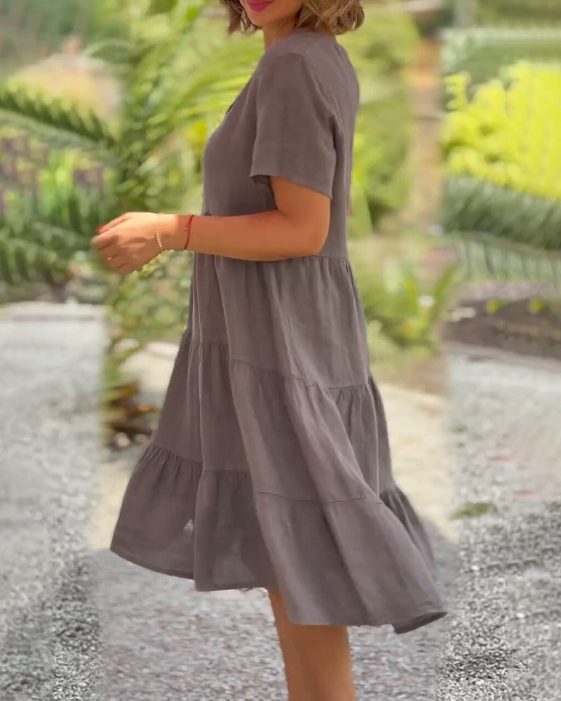 Cotton linen v-neck solid color dress