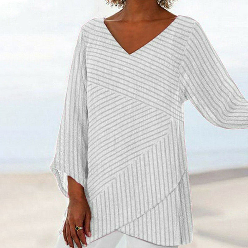 Women's V-neck long-sleeved striped top