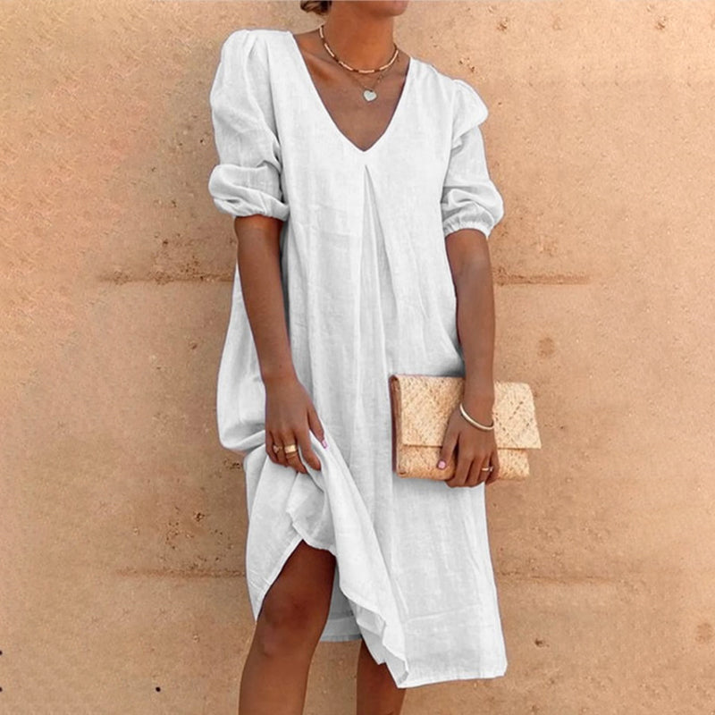 Solid Color V Neck Latern Sleeve Dress