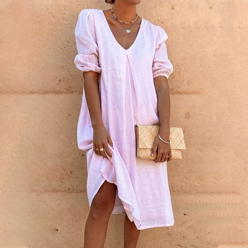 Solid Color V Neck Latern Sleeve Dress