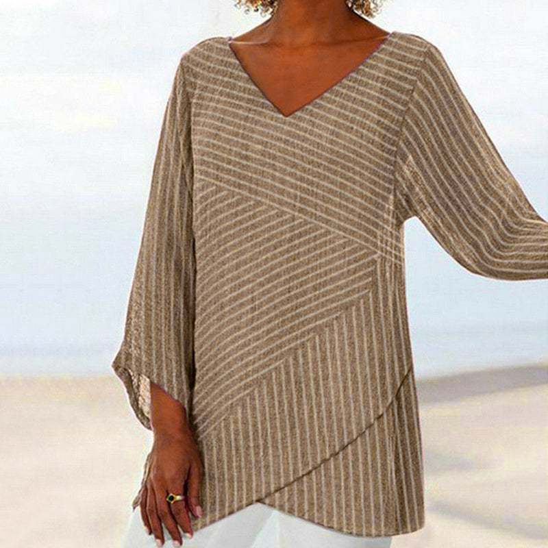 Women's V-neck long-sleeved striped top