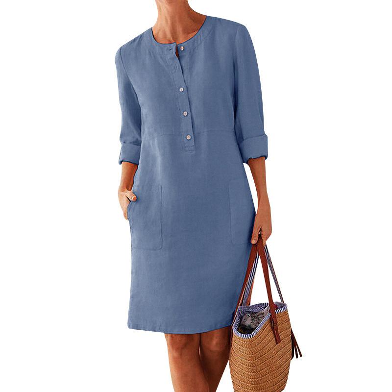 New Solid Color Cotton and Linen Dress