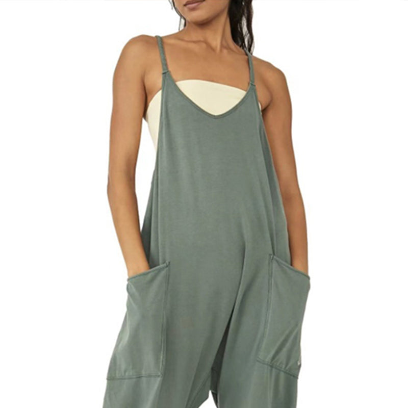 Solid V-Neck Sling Pocket Jumpsuit