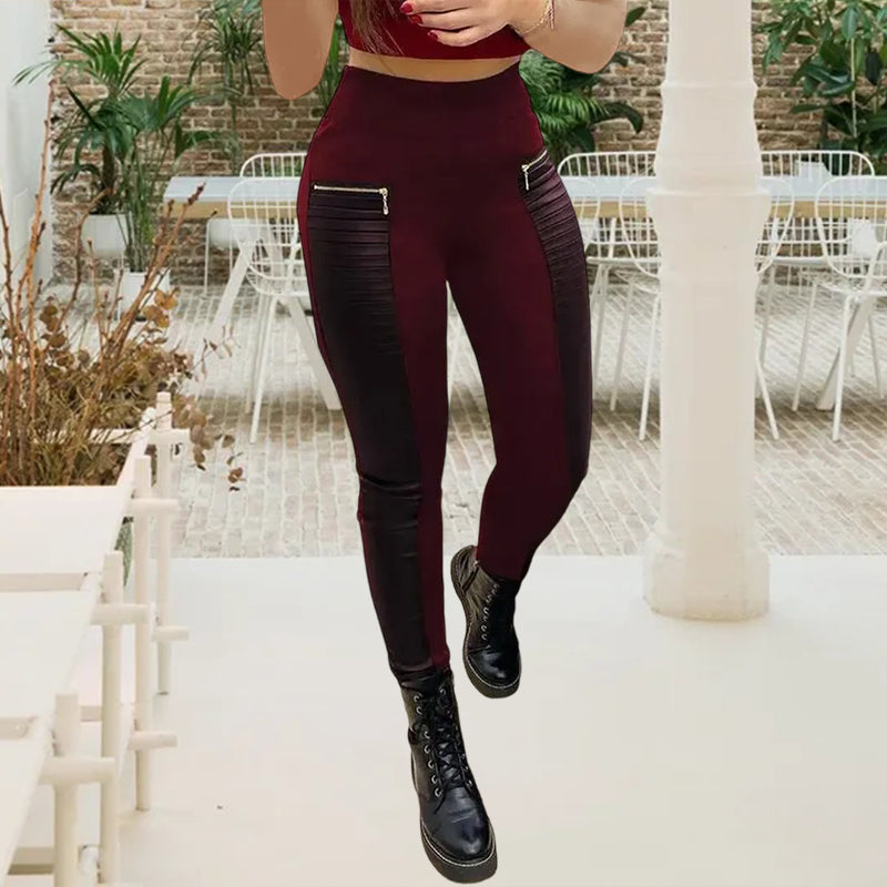 Faux Leather Pants with Contrasting Trim and Zipper