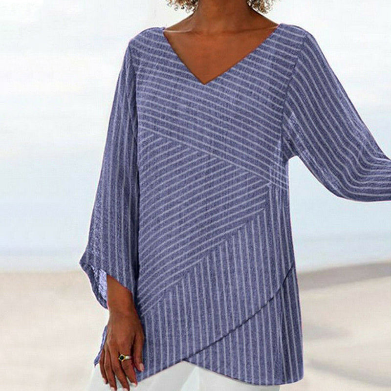 Women's V-neck long-sleeved striped top