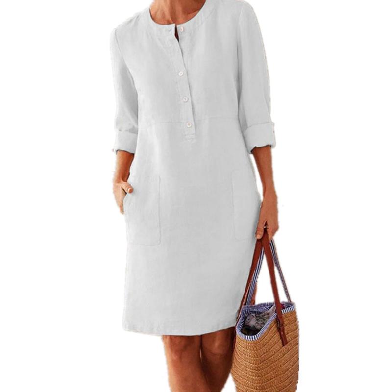 New Solid Color Cotton and Linen Dress