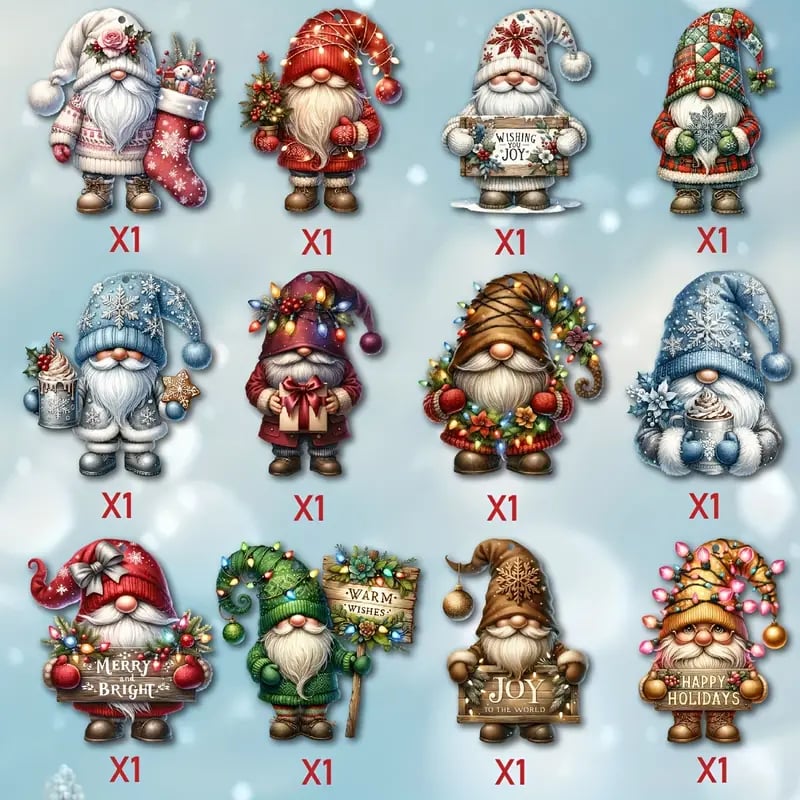 Wooden Dwarf Christmas Tree Ornaments Set (12pcs)