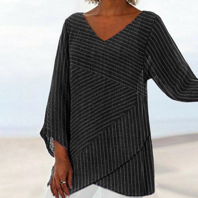 Women's V-neck long-sleeved striped top