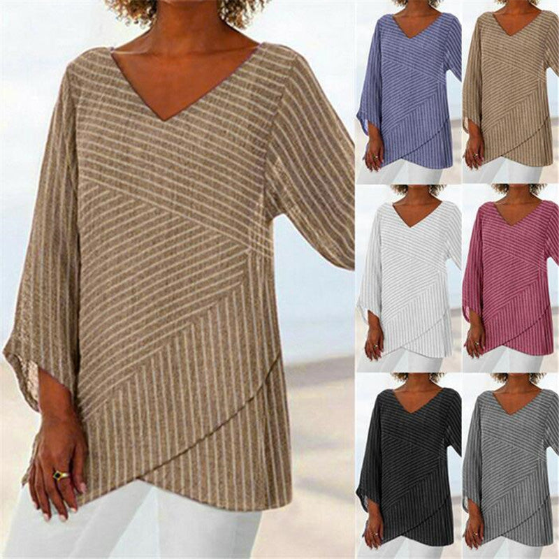 Women's V-neck long-sleeved striped top