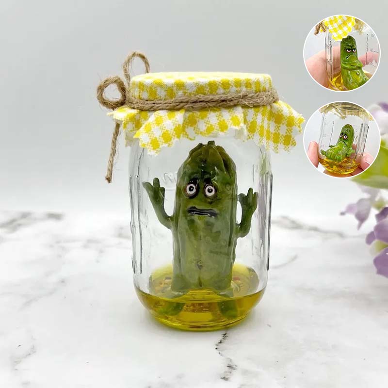 Grumpy Pickle in a Jar sculpture